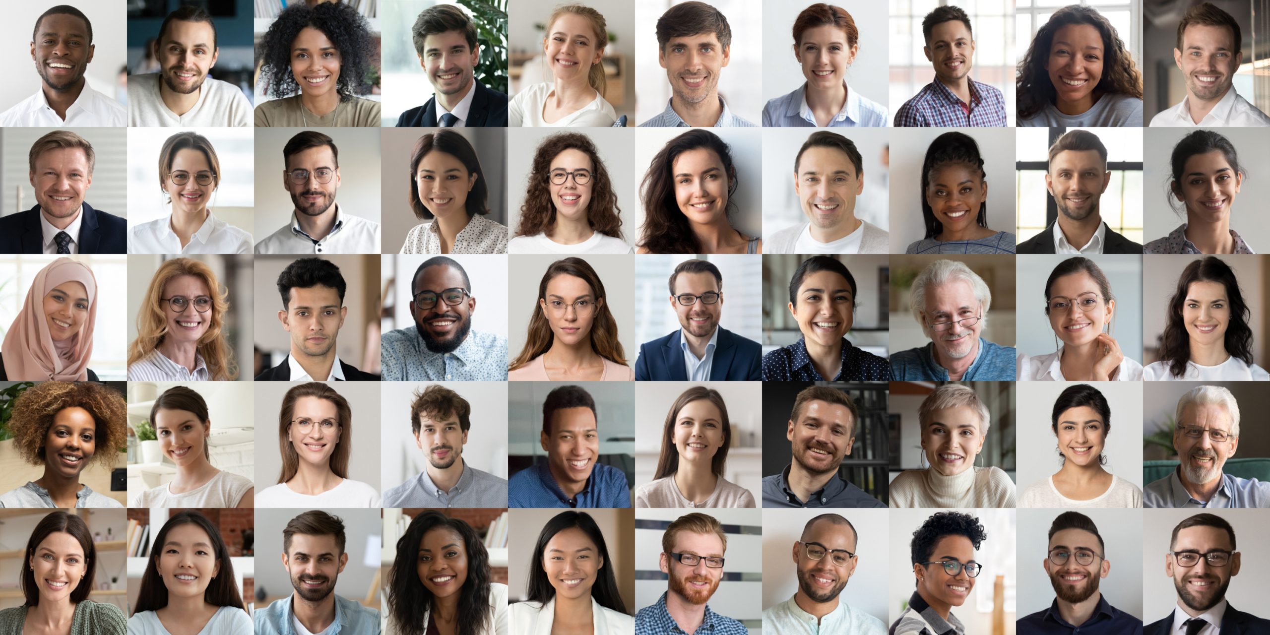 Many happy diverse ethnicity people faces headshots in collage