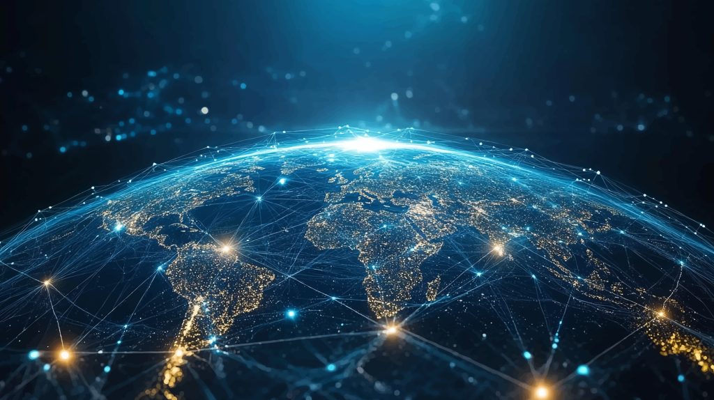 Night planet earth from space with light lines of communication and connection Business and finance concept Global communications system and the World Wide Web Technologies and communications | Quest Mindshare World map with connected regions, representing multi-market research