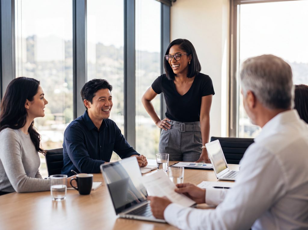 Cheerful diverse business team collaborating in a bright modern office meeting discussing ideas and laughing together | Quest Mindshare Diverse team collaborating, reflecting the importance of diversity in market research