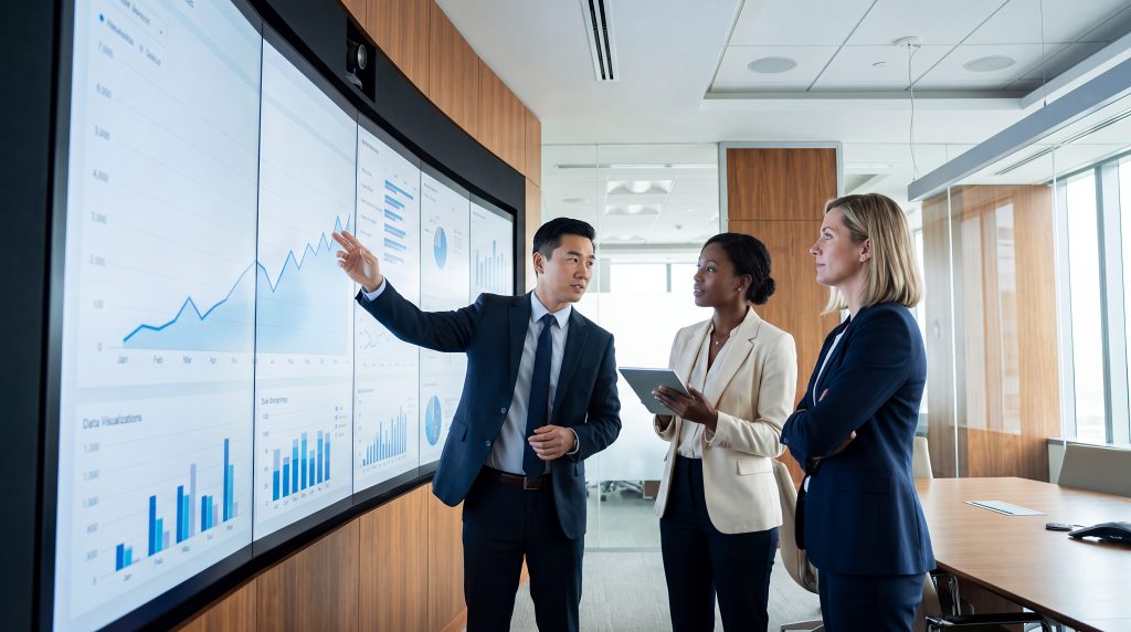 Diverse analysts wall dashboard teamwork office data presentation corporate strategy Three colleagues review a large line graph together while discussing performance in a boardroom for commercial use | Quest Mindshare Brand tracker results showing why sample consistency matters for online sample quality